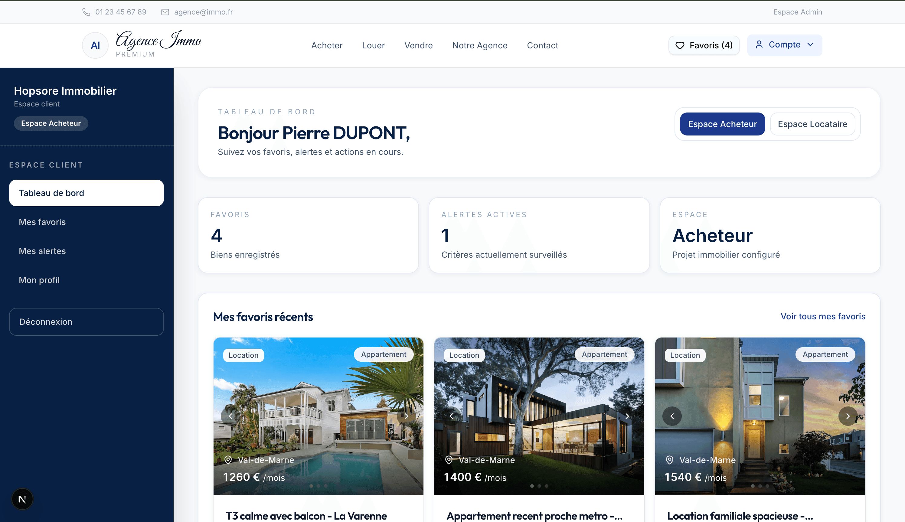 Vue globale de l'espace client