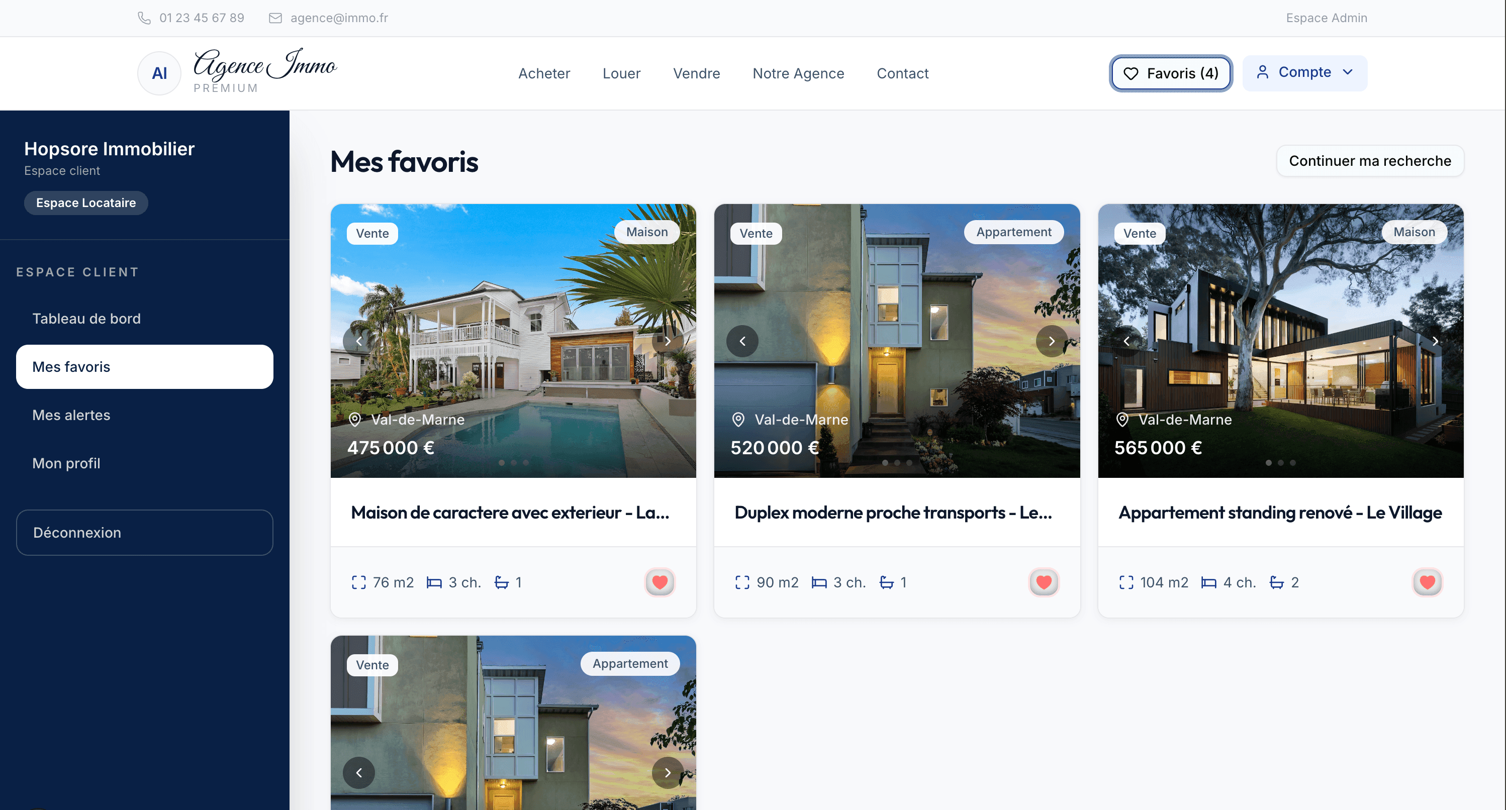 Interface favoris et espace client